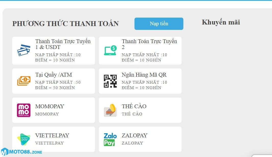Nạp tiền Moto88 như thế nào?