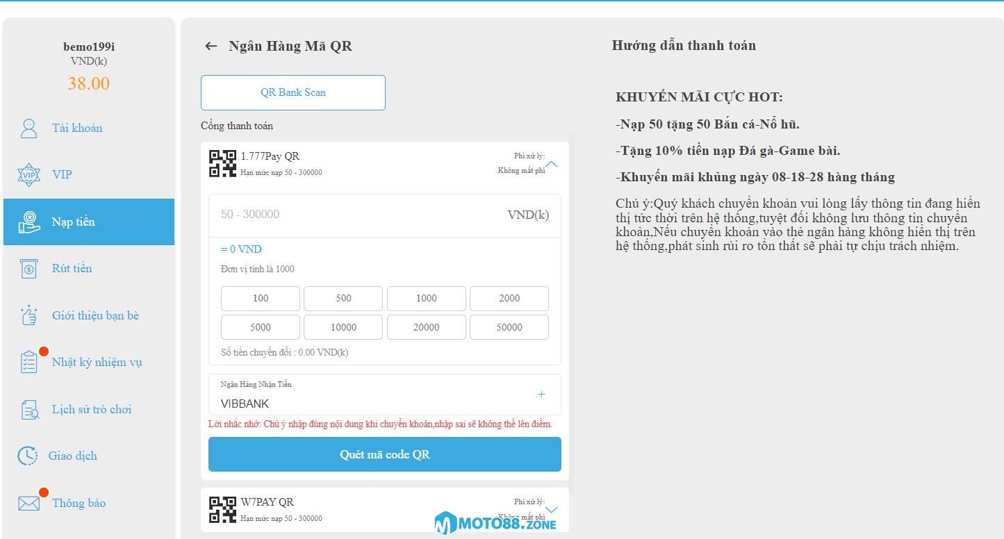 Nạp tiền Moto88 qua mã QR