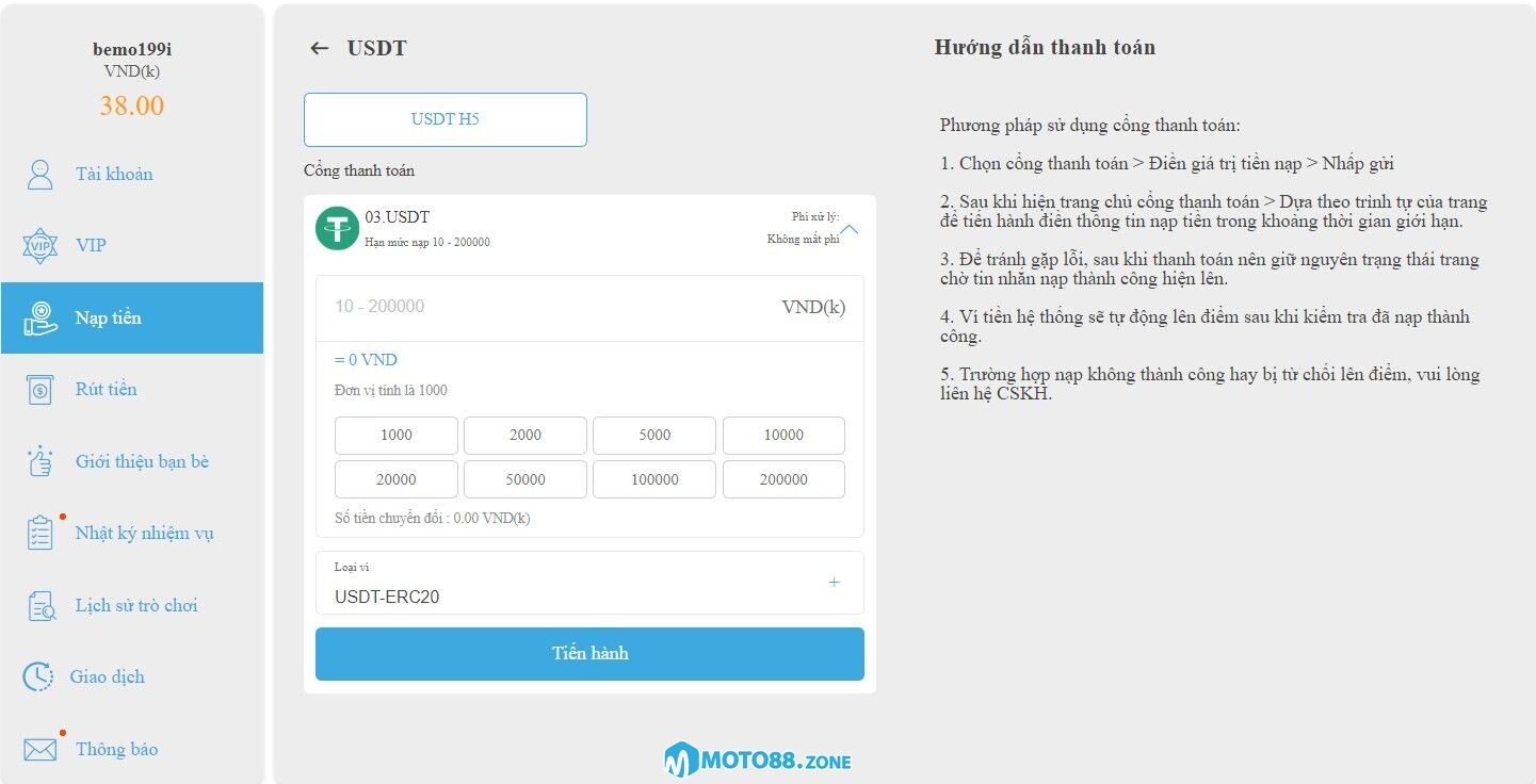 Nạp tiền Moto88 qua USDT