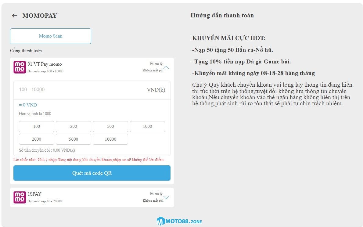 Nạp tiền Moto88 quá ví điện tử