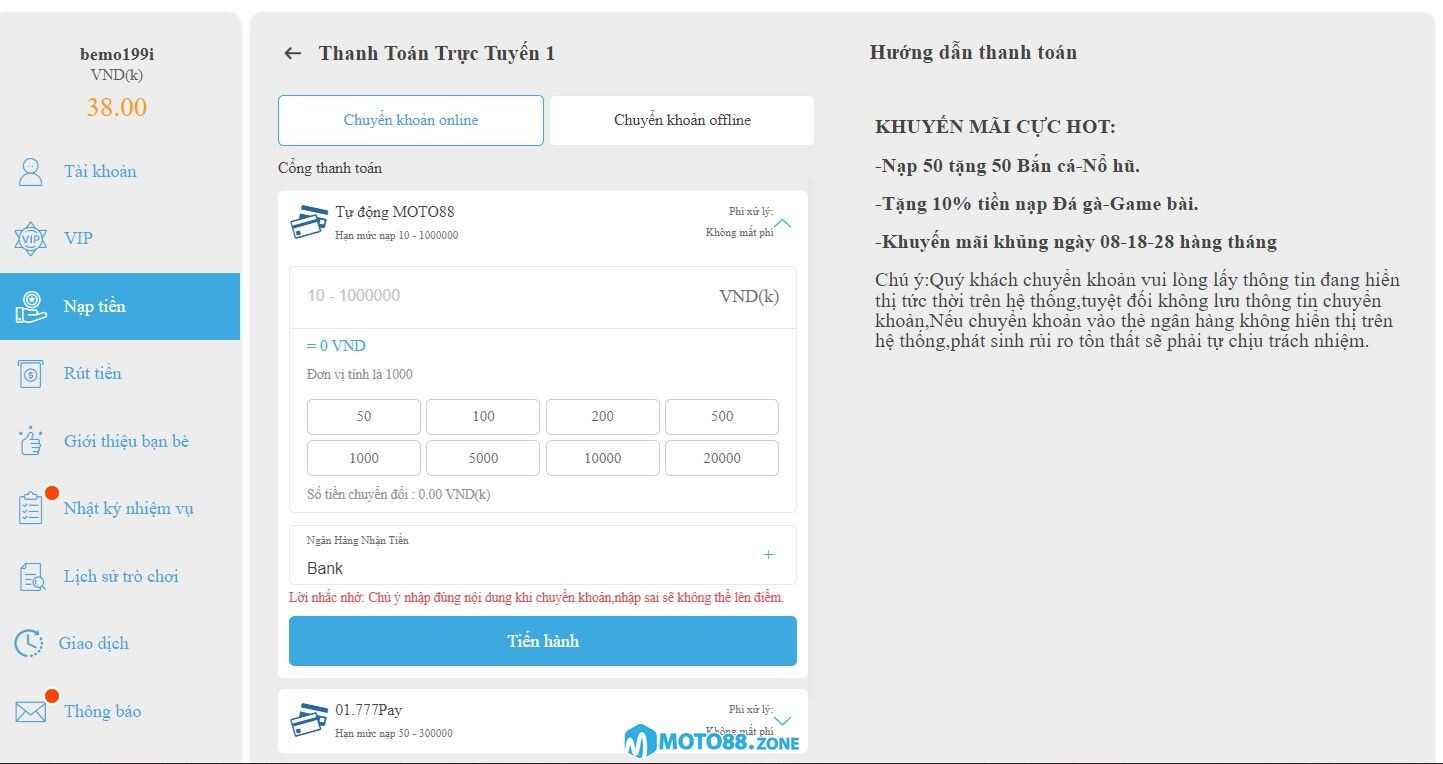 Nạp tiền Moto88 trực tuyến