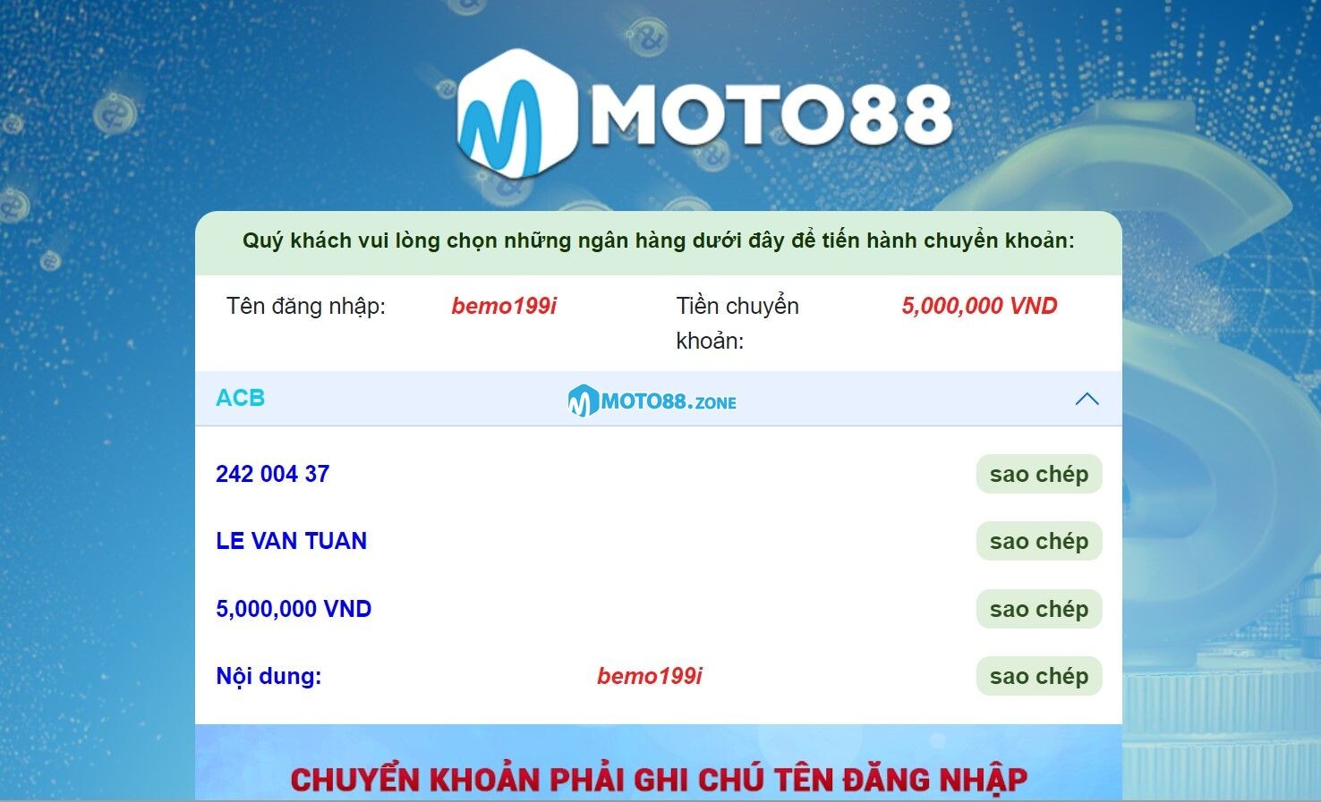 Tại sao người chơi không nên lưu lại thông tin ạp tiền Moto88